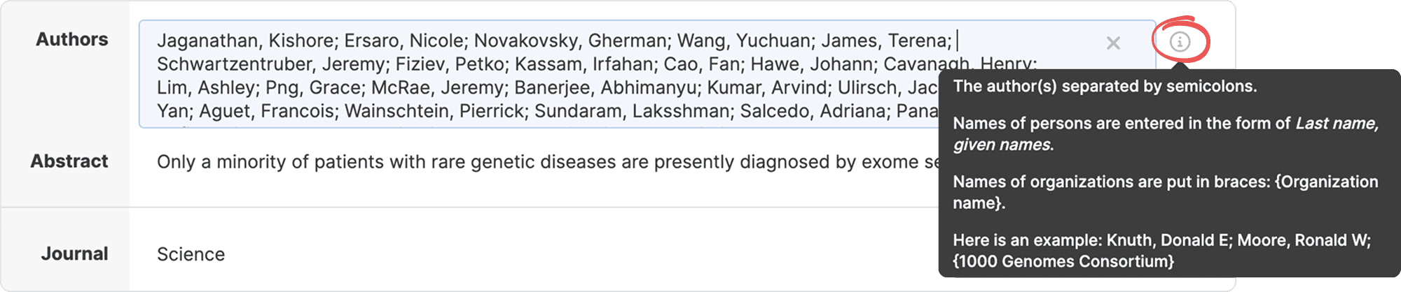 The Authors field in the edit dialog with a circled info button opening a tooltip explaining that authors are separated by semicolons, entered as “Last name, given names”, with organisations in braces.